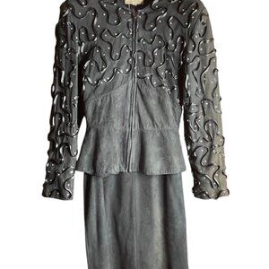 Vintage Dero by Rocco New York Suede LeatherJacket & Skirt Rhinestones Ribbon M